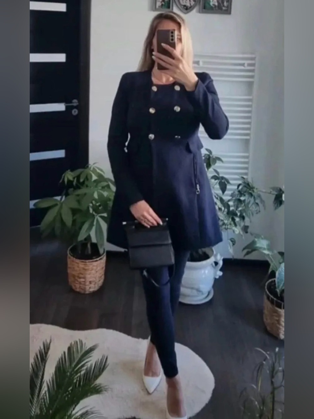 stradivarius Navy Double-Breasted Trench Coat with Gold Buttons